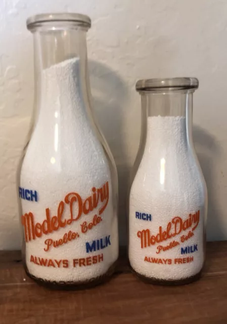 Two Model Dairy Milk Bottles Pueblo Colorado CO Quart And Pint Two Color Western