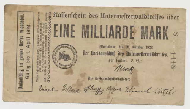 Montabaur  Unterwesterwaldkreis 1 Milliarde Mark  10. Oktober 1923  Notgeld (4 Y