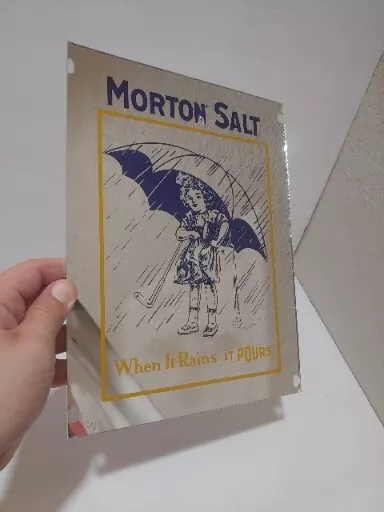 Vintage Morton Salt "When It Rains It Pours" Advertising Mirror Sign 12" x 9"