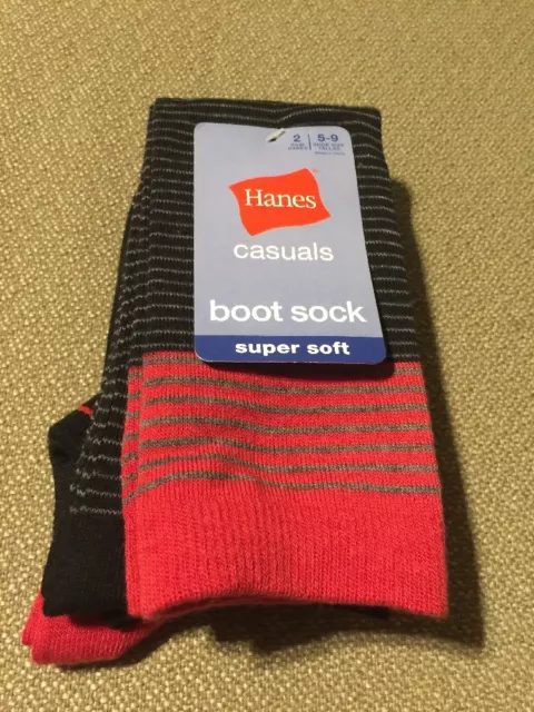 New Hanes Sz 5-9 Casuals Boot Socks 2 Pair Black Gray Stripes Red