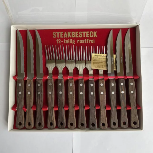 Steakbesteck 12-teilig rostfrei mit Holzgriffen, schicke Gabeln und Messer