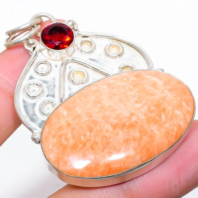 Orange Aventurine, Garnet Gemstone 925 Sterling Silver Jewelry Pendant 2.29"
