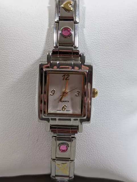 Silver Tone Dial Rectangle Case Charm Stretch Bracelet Band Watch