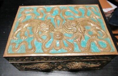 Rare 19Th Century Chinese Bronze Cloisonne Repousse Enamel Lion Dog Humidor Box