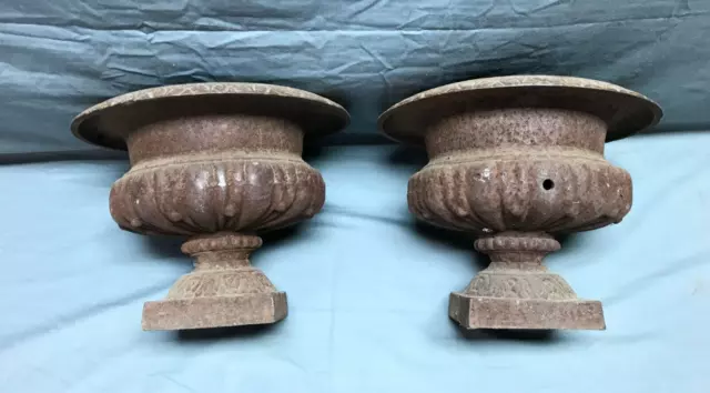 VTG Pair 8" Tall Cast Iron Rust Garden Urns Porch Plant Stand Old 1403-23B