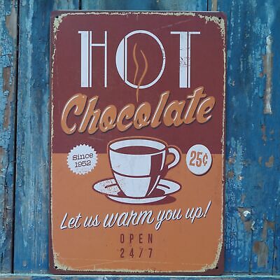 HOT Chocolate OPEN sign! Vintage Metal Tin Sign Cafe Art Wall Plaque Poster