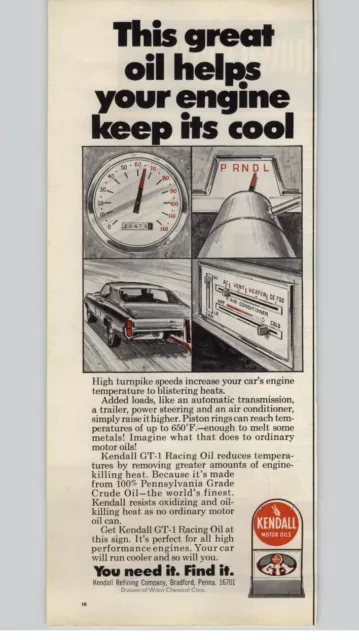 1971 Kendall GT-1 Racing Motor Oil Vintage Print Ad Muscle Car Illustration Art