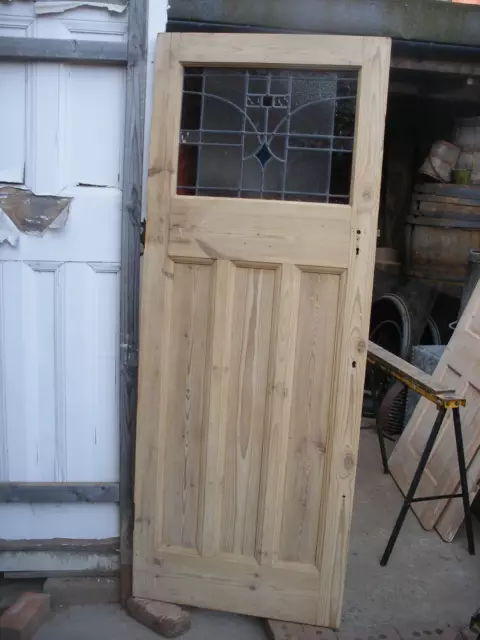 Reclaimed 1930s  stripped pine,  stained glass  external door