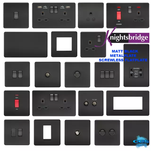 Knightsbridge Screwless Flatplate Light Switches & Sockets Matt Black Range