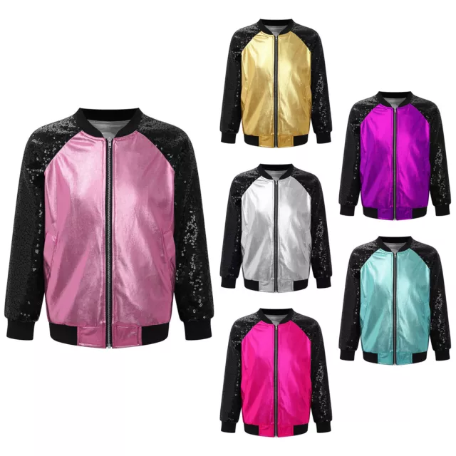 Girls Boys Bomber Jacket Shiny Sequin Jackets Coat for Hip Hop Latin Jazz Dance