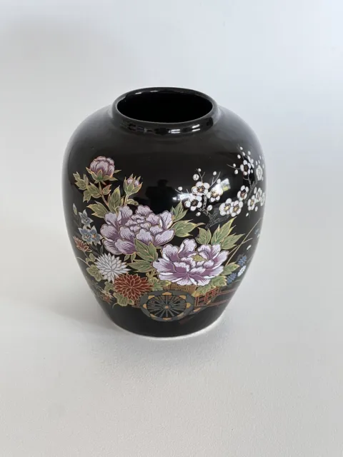Vintage Oriental Black Floral Flat Vase MCI Japan flowers cart gold outlined.