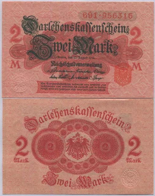 GERMANY 2 Mark 1914 Red serial  P 54 AUnc
