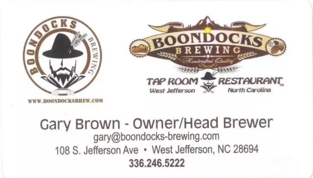 Business Card:  Boondocks Brewing (beer) (West Jefferson, NC USA)