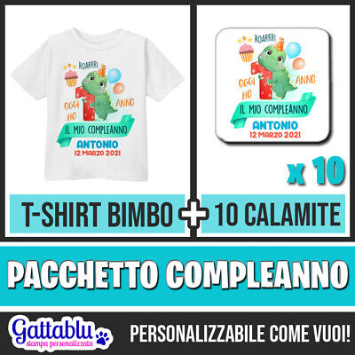 Pacchetto primo compleanno maglietta bimbo + 10 calamite bomboniere, dinosauro!