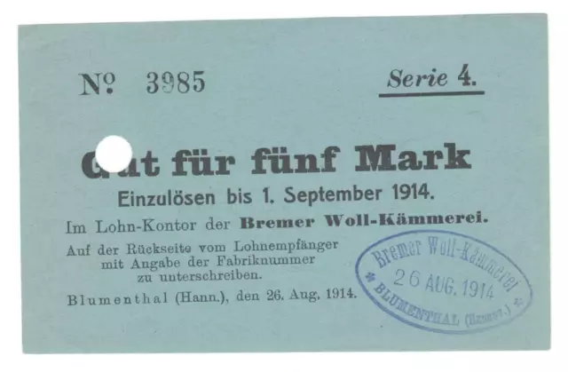 Blumenthal - Bremer Woll Kämmerei - 5 Mark S.4 - 26.8.1914 - Dießner 35 - #21101