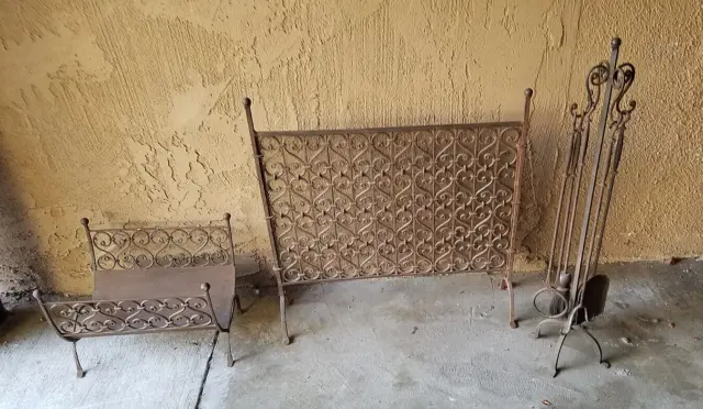 Antique Hand Forged Wrought Iron Fireplace Screen & Tool set.....Arts & Crafts