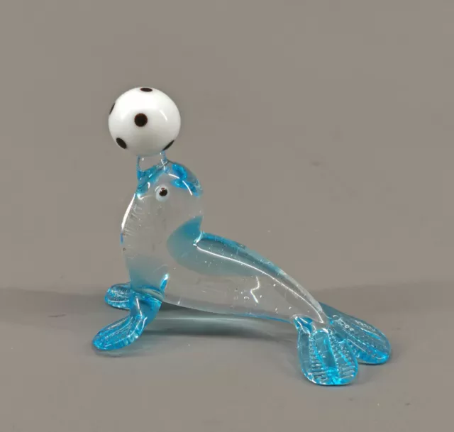 9912133-x Piccolo Vetro Figura Robbe Foca Turchese Con Palla 6cm Soffiato Bocca
