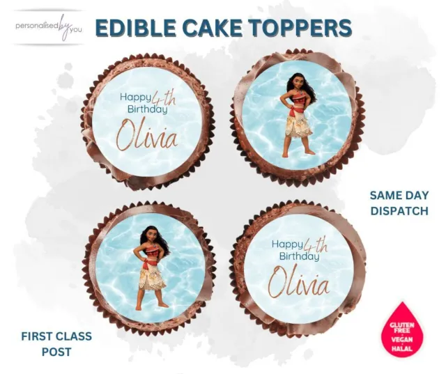 EDIBLE Cupcake Toppers Personalised Moana Printed ICING OR RICE WAFER 2" CUT