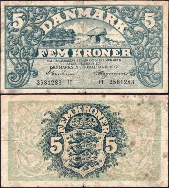 5 Kroner 1942 - Prefix H - Series: 2581283 - Denmark - Pick:30g  -"G" - C44