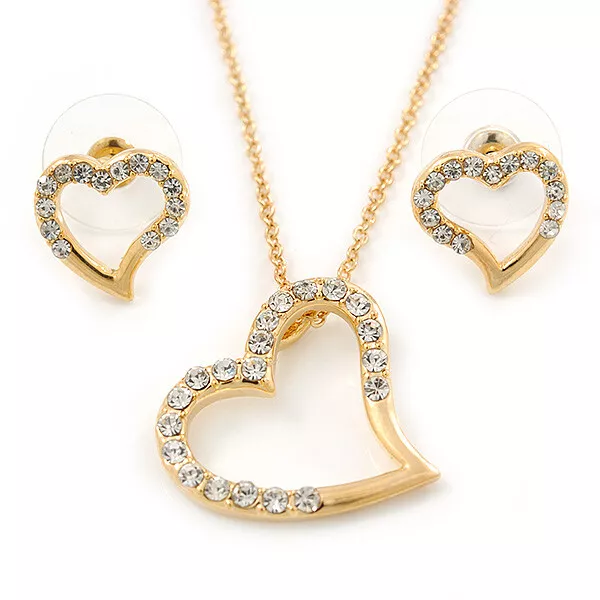 Clear Austrian Crystal Open Cut Heart Pendant With Gold Tone Chain and Stud