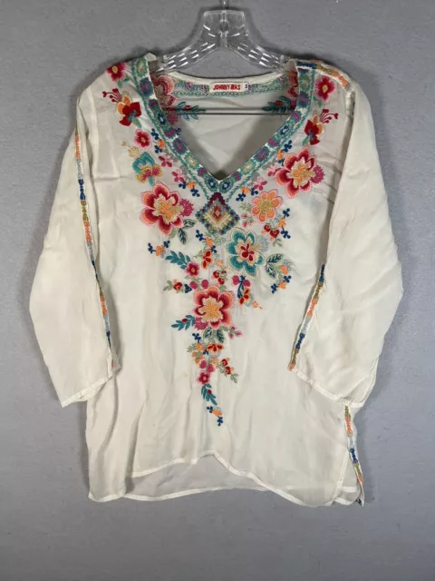 Johnny Was White Floral Embroidered Blouse Top Size Medium M V- Neck