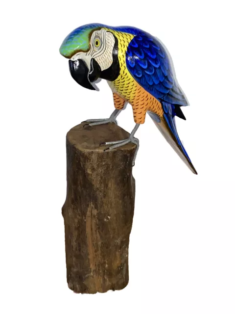 Parrot On Driftwood Base  Hand Carved Wood Tropical Sculpture Bird Decor Tiki