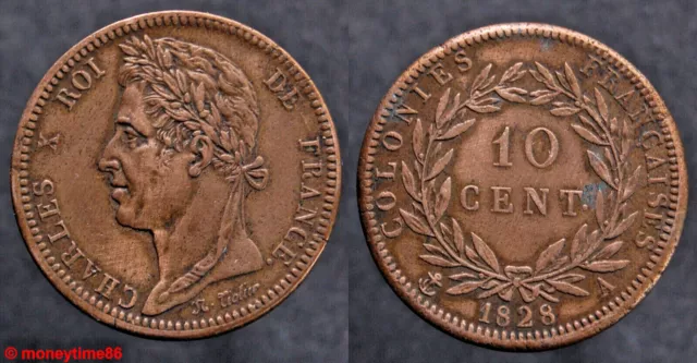 France ! Colonies Françaises Charles X, 10 centimes 1828 A en TTB+