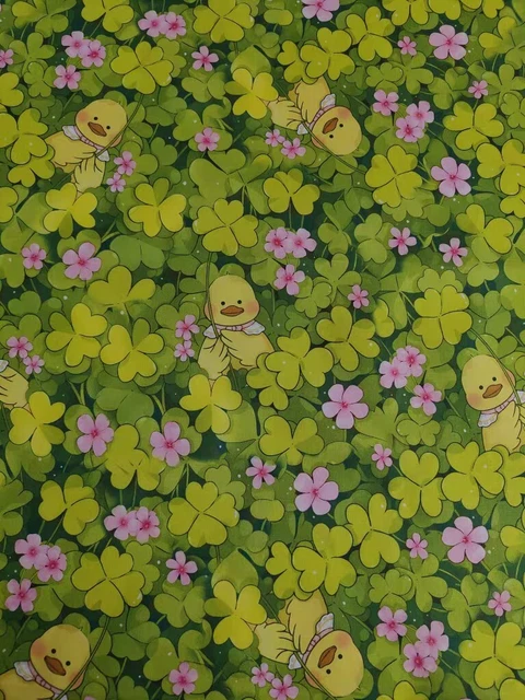 Ducklings & Wood Sorrel Shamrock Silk-like Light-weight Cotton Fabric per 0.74m2