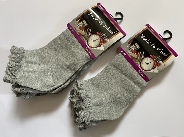 6 Pairs Girls Frilly Socks Ankle Back to School Uniform Lace Ruffle Uk Size 9-12