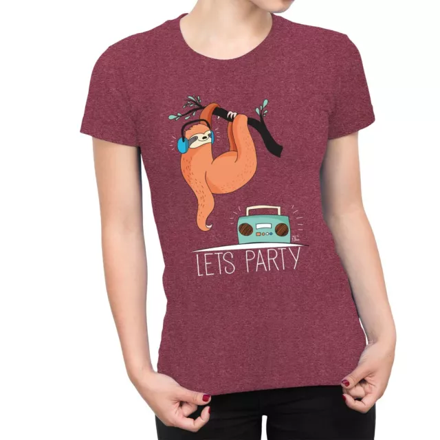 1Tee Womens Let's Party Listening to Music Sloth T-Shirt