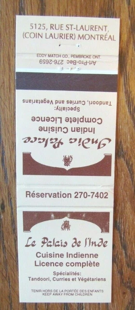 Indian Restaurant Matchbook Matchcover: Palais De L'inde (Montreal, Quebec) -E8