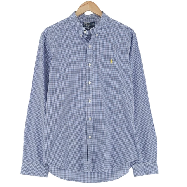Polo Ralph Lauren Slim Fit Blu Quadri Camicia Manica Lunga Uomo Taglia L Grande