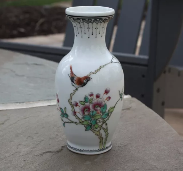 Vtg Chinese Jingdezhen Zhi Signed Hand Painted Porcelain Vase Bird Blossoms Poem