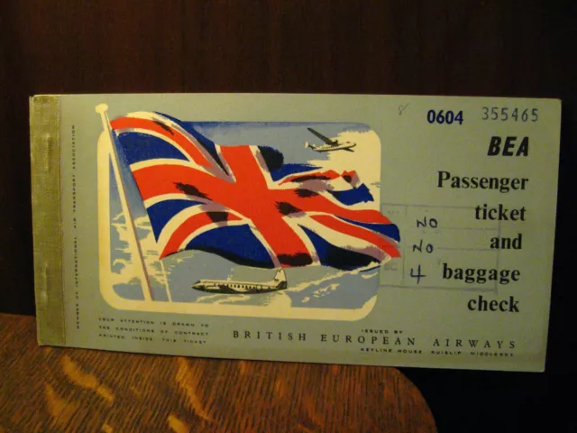 BEA 1955 Airplane Ticket - Vintage British European Airways Airline Passenger BE