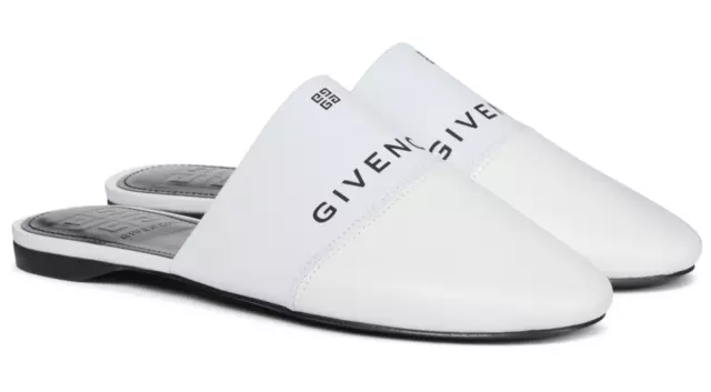 Givenchy Bedford Mule White Leather Black Logo Backless Slide Slip On Flat 37.5