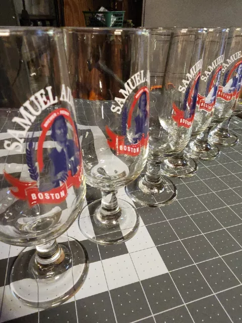Samuel Sam Adams Footed Pedestal Glass Beer Boston Lager Brewer Patriot Set of 6
