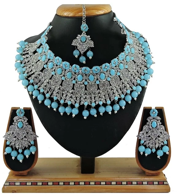 Indian Bollywood Style Firozi Pearl Silver Plated Fashion Bridal Necklace Set