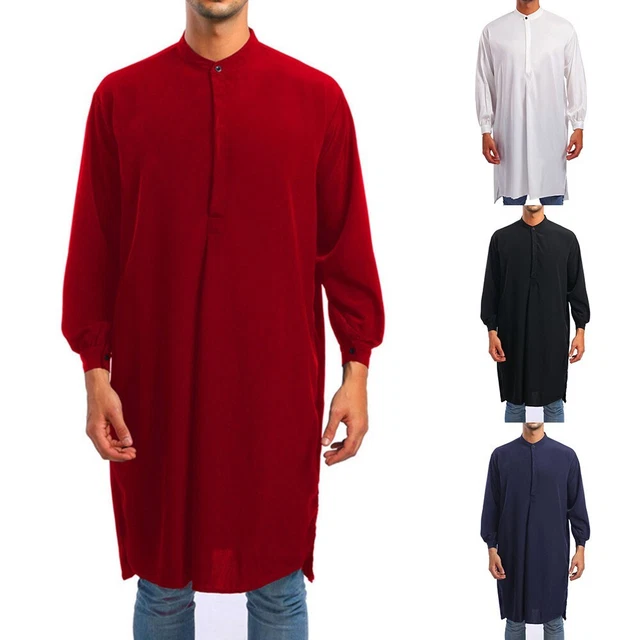 Classico abito musulmano tinta unita da uomo casual maniche lunghe top jubba arabo