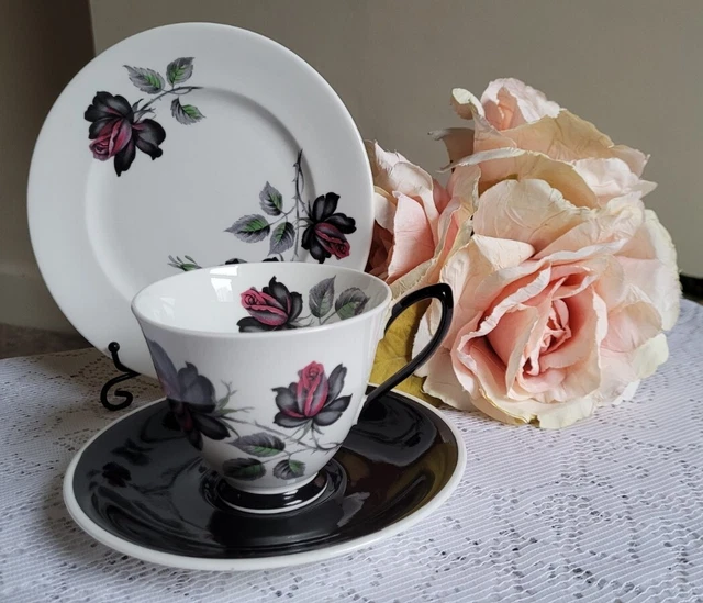 Royal Albert MASQUERADE Teacup saucer plate Trio Black and white roses excellent