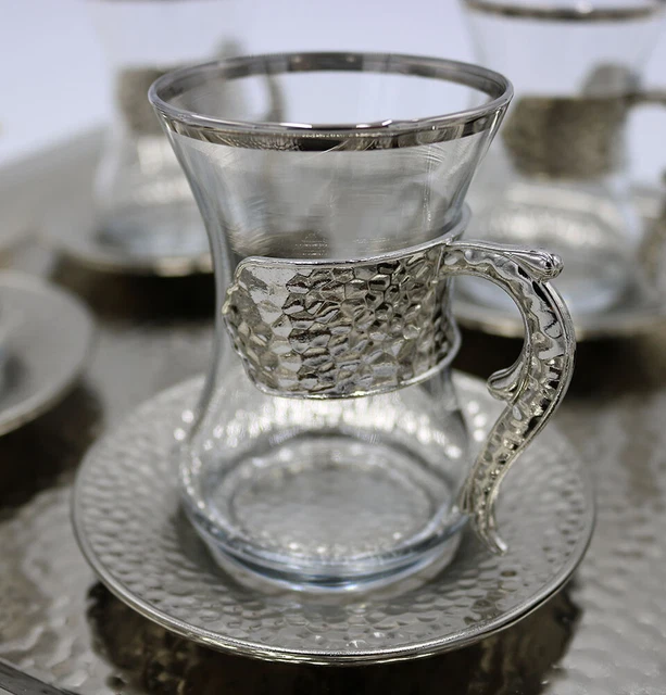 Turkish Luxury 13 Piece Tea Cup Set Ottoman Style with Rectangular Tray - Silver 2