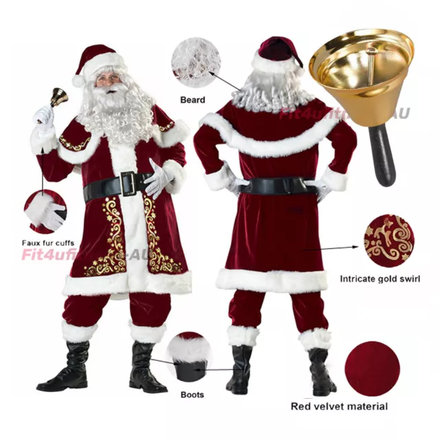 9 PCS with Bell Santa Claus Suit Costume Christmas Fancy Dress Adult Father
