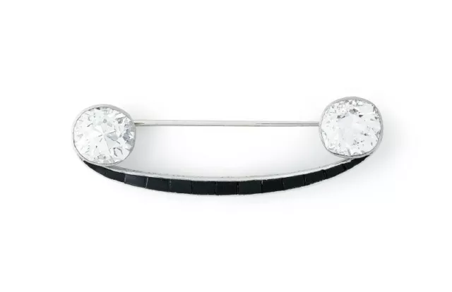 Simple Art Deco With Filigree Design Rich Black Onyx & White Two CZ Fine Brooch