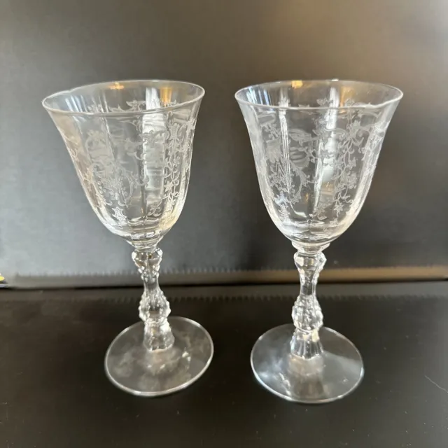 2 Vintage Crystal Etched Stemware, Cut Glass, Wine Cordial Flower Floral Design