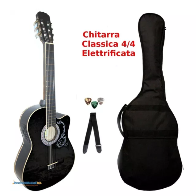 Chitarra Classica Nera 4/4 Amplificata Elettrificata Cutaway Custodia Accessori