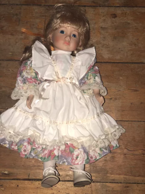 Sisters Collection Katerina Porcelain doll Victorian flowered dress pinafore 16"