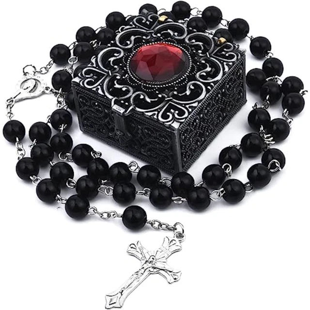 NEW Catholic Black Rosary 22" Necklace and Keepsake Box For Boys First Communion