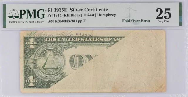 1935 E Silver Certificate PMG 25 Fold Over Error Fr 1614 $1 One Dollar Note