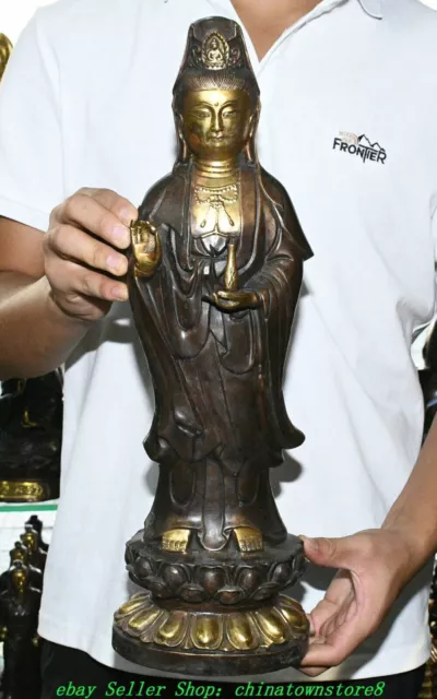 18" Old Chinese Dynasty Bronze Gilt Stand Lotus Guanyin KwanYin Buddha Statue