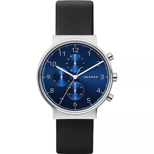 Skagen Men's Black Leather Strap Silver Case Blue Dial Dress Watch - SKW6417