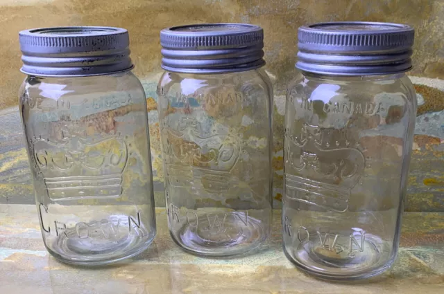 Vintage Set of 3 Crown Mason Jars with Glass Lids, years 1944 1946 & 1947